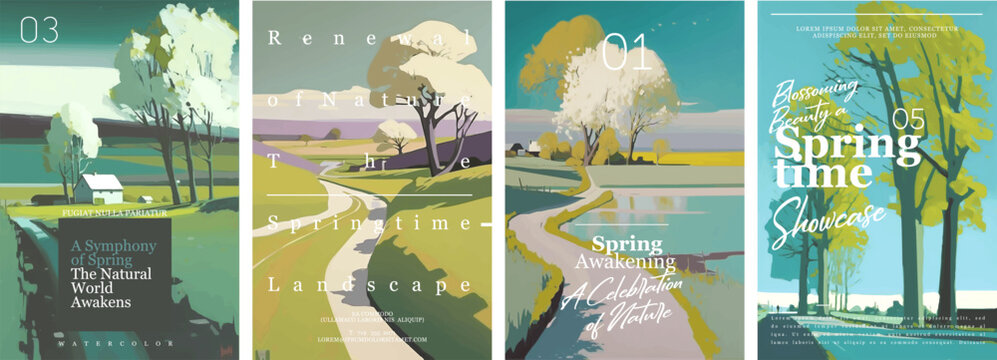 Spring landscape. Set of vector illustrations. Typographic poster design and watercolor art on background.