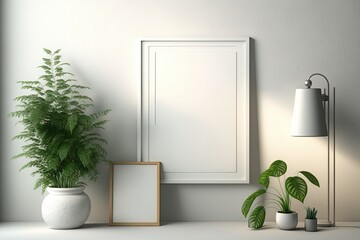 modern room with lamp,plants and frames interior design. illustration. Generative AI