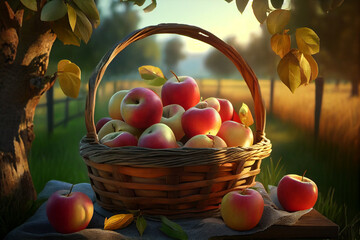 Full basket of juicy ripe apples in a farm garden. AI generated