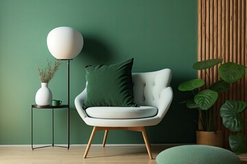 Modern corner room interior style, green wall background, chair concept, lamp blanket and pillow detail. Generative AI