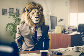 Lion wearing business suit in office man boss. generative AI - obrazy, fototapety, plakaty