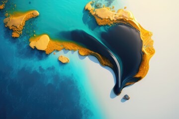 Fototapeta premium Oil Spill: aerial view of an oil spill in the ocean, with sheen of oil covering the water and threatening marine life AI generation.