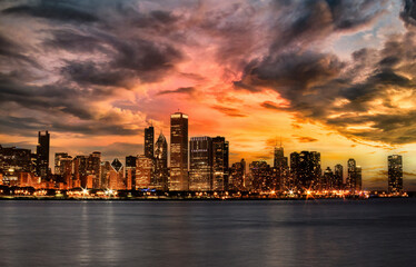 Chicago skyline during an incoming storm with sunset