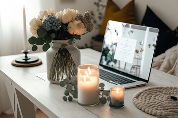 Laptop computer with blank screen on table with candles, flowers bouquet. Aesthetic influencer boho styled home workspace interior design template with mockup copy space. Online store, blog branding - obrazy, fototapety, plakaty