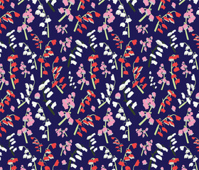 Floral vector repeat pattern with pink, red and white flowers on Blue background.