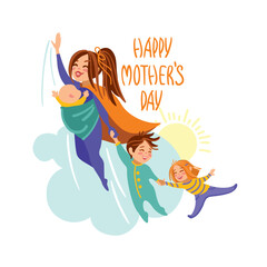 Mother's day. Super mom and her kids are flying in the sky. Funny illustration. Vector.