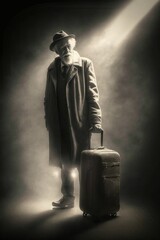 Old black man with suitcase standing in ray of light. Generative ai illustration.