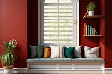 Classic window with siting bench and pillows. Wooden venetian blinds, bookshelf and decors. Red walls with copy space for text. Modern interior design, illustration. Generative AI