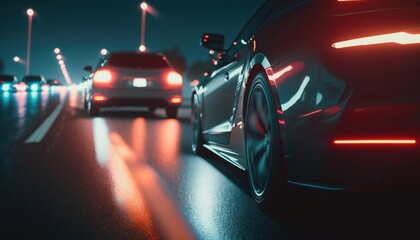  a car driving down a street at night with its headlights on.  generative ai