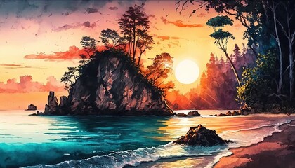  a painting of a sunset over a beach with a rock formation.  generative ai