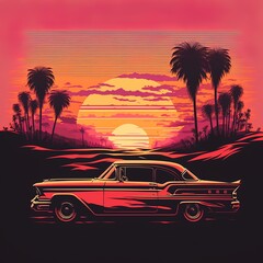 Retro sunset travel background illustration, Generative AI