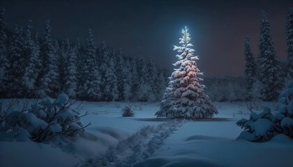  a snow covered forest with a lit christmas tree in the foreground.  generative ai