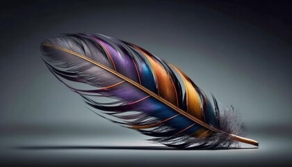  a colorful feather on a black background with a reflection of it.  generative ai