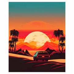 Retro sunset travel background illustration, Generative AI