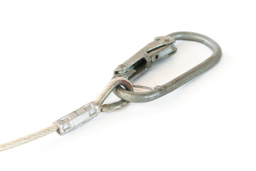 metal carabiner with a rope, on an isolated white background