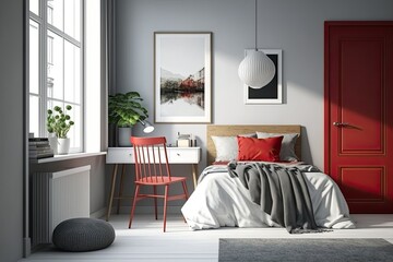 a bedroom with a white wooden bed, gray pillows, a desk, and a red wooden folding chair in the corner. Generative AI