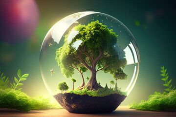 Green tree in glass globe in nature landscape. Taking care of the environment. Save planet concept. Created with Generative AI