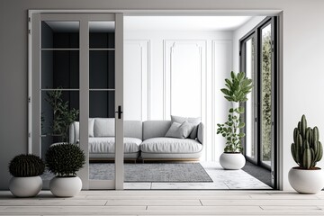 A white folding door opens to reveal a minimalist living room with a velvet sofa, parquet flooring, a carpet, a pouf, and a table with potted flowers. Generative AI