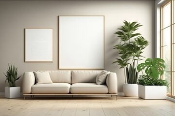 Modern beige minimalist interior with brown sofa, wood floor and plants. illustration mock up empty wall. High quality illustration. Illustration. Generative AI