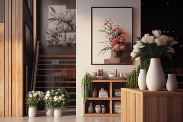 Modern style interior with flower bouquets. Living room with flower decorations. Created with Generative AI
