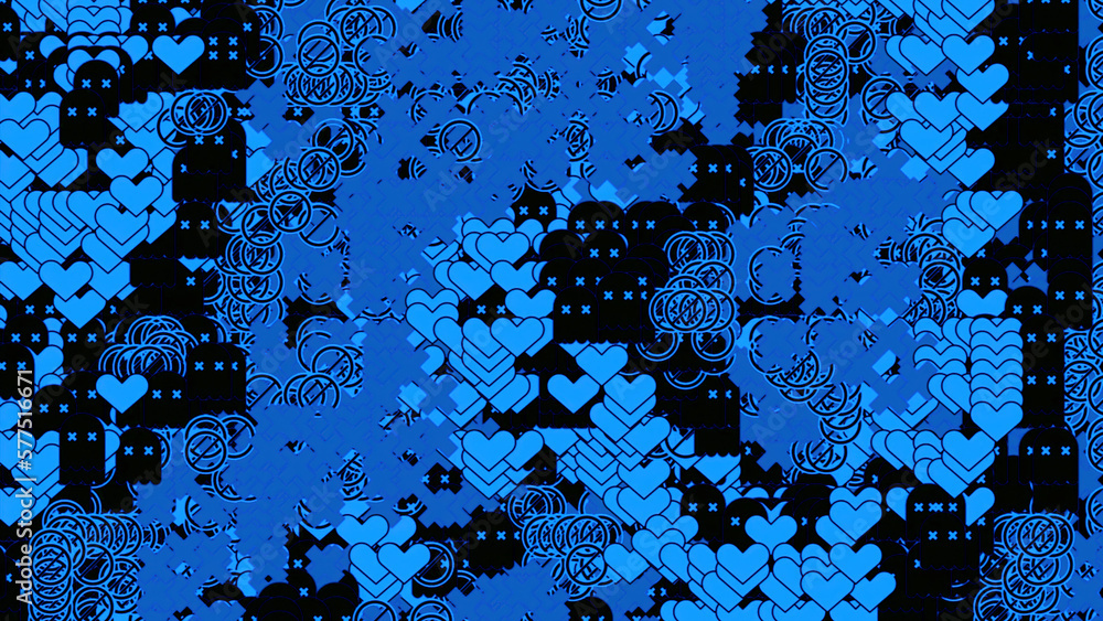 Poster black background. design.blue hearts in abstraction that appear in different places of a dark backgr