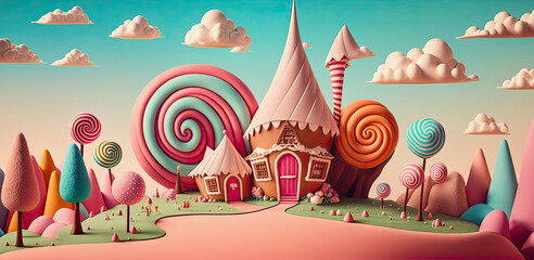 ai midjourney generative fantasy illustration of a small cute candyland