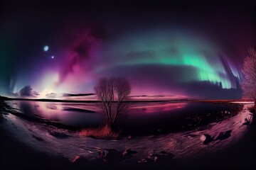 Pink aurora borealis, morthern lights over ice and snow landscape.
