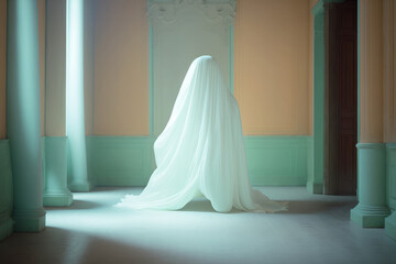 A spooky ghost figure made from a sheet in a pastel interior room. Generative ai