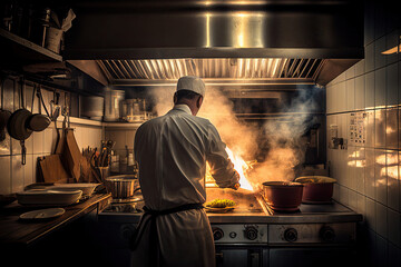 Chef cooking in restaurant kitchen interior. Back view of man in chef robe and hat cooks food on stove, an open flame in frying pan. Created with Generative AI