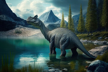 Herbivore dinosaur at beautiful landscape. Created with Generative AI