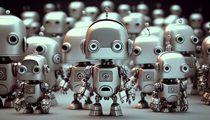 close up of  shiny steel toy robots lined up, generative ai	