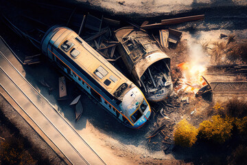 Obraz premium Passenger train crash accident, aerial view. Broken wagons and damaged locomotive on the railway. Created with Generative AI