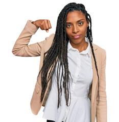 African american woman wearing business jacket strong person showing arm muscle, confident and...