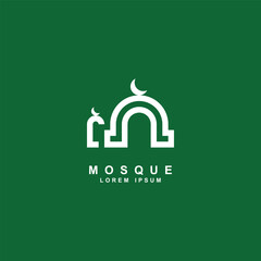 Mosque logo design template elements. White mosque icon vector illustration isolated on green background. Suitable for business, class, islamic center, Ramadhan card, consulting group company.