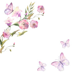 Watercolor Field flowers, bluebell flower and bindweed bouquet and butterfly, isolated on white background. Template for design with empty space for text