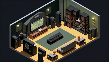 An isometric view of a home theater with a smart projector and surround sound system. Generative AI