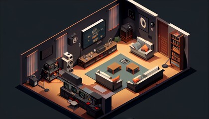 An isometric view of a home theater with a smart projector and surround sound system. Generative AI