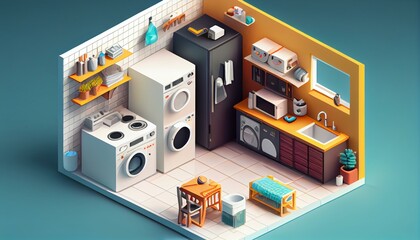 An isometric view of a laundry room with a smart washing machine and dryer. Generative AI