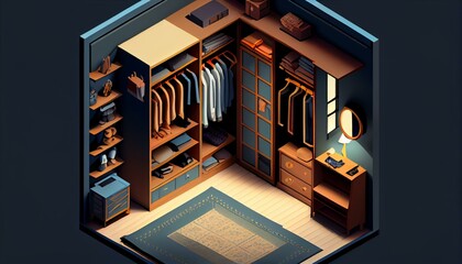 An isometric view of a walk-in closet with a smart wardrobe that suggests outfits. Generative AI
