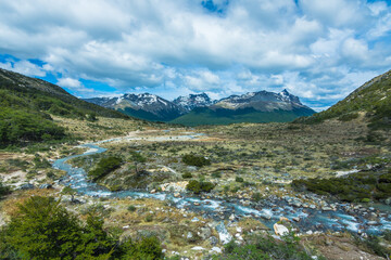 Fototapeta na wymiar Landscape of Argentine Patagonia at the trail to Laguna Esmeralda (Emerald Lake) - Ushuaia, Argentina