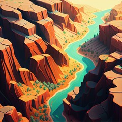 An isometric illustration of a vast canyon with steep cliffs and a flowing river below. Generative AI