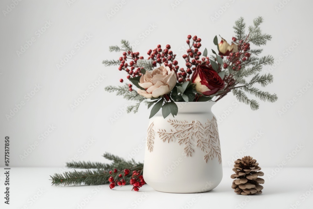 Sticker flowers, branches, and winter decorations in a vase against a white background. winter, the new year