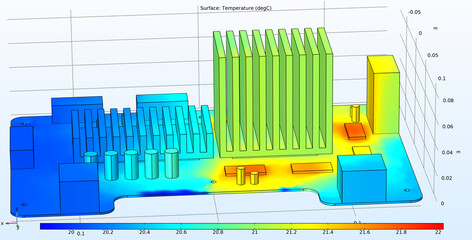 Computer 3d modeling of the temperature distribution  on the surface of the printed circuit board of an electronic device and its components. Thermal analysis. © TKalinovskaya