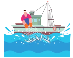 Foto op Canvas 漁船で漁師が網で魚をとる © kawano