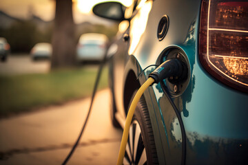 Naklejka premium Close-up of electric car charging, ecology concept, illustration ai generative