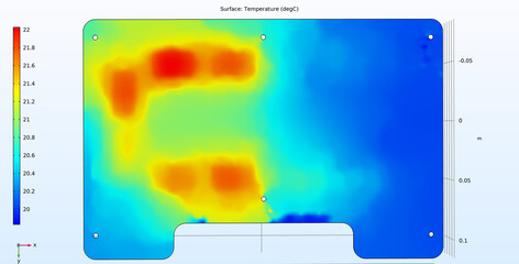 Computer 3d modeling of the temperature distribution  on the surface of the printed circuit board of an electronic device. Thermal analysis. The reverse side of the pcb. © TKalinovskaya