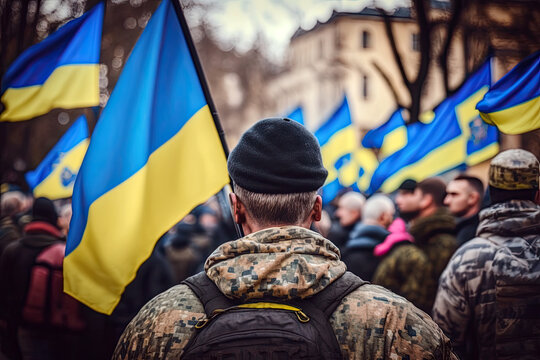 Generative AI illustration of a Man from behind in a demonstration in support of Ukraine and against the war with Ukrainian flags and crowds of people in the background