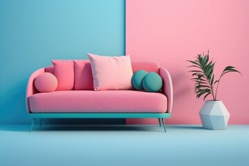 Pink sofa with blue background illustration ing. Generative AI