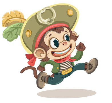 Running Pirate Monkey Character. Vector Illustration. Cute Cartoon Animal Mascot.