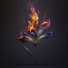 Lily in smoke. Lily in smoke on a dark background. Lily fire. Smoke and fire. Flower Lily Generative AI.